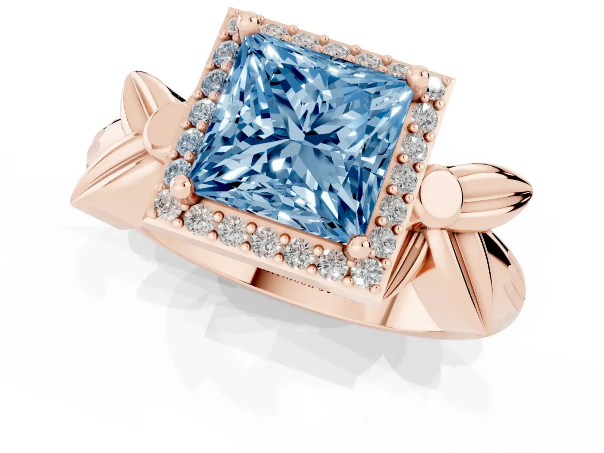 Fancy Blue Princess Cut Halo Diamond Floral Band with Four-Prong Setting Rose gold