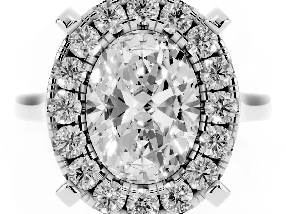 Oval Cut Diamond Cluster Halo Solitaire with Four-Prong Setting Silver
