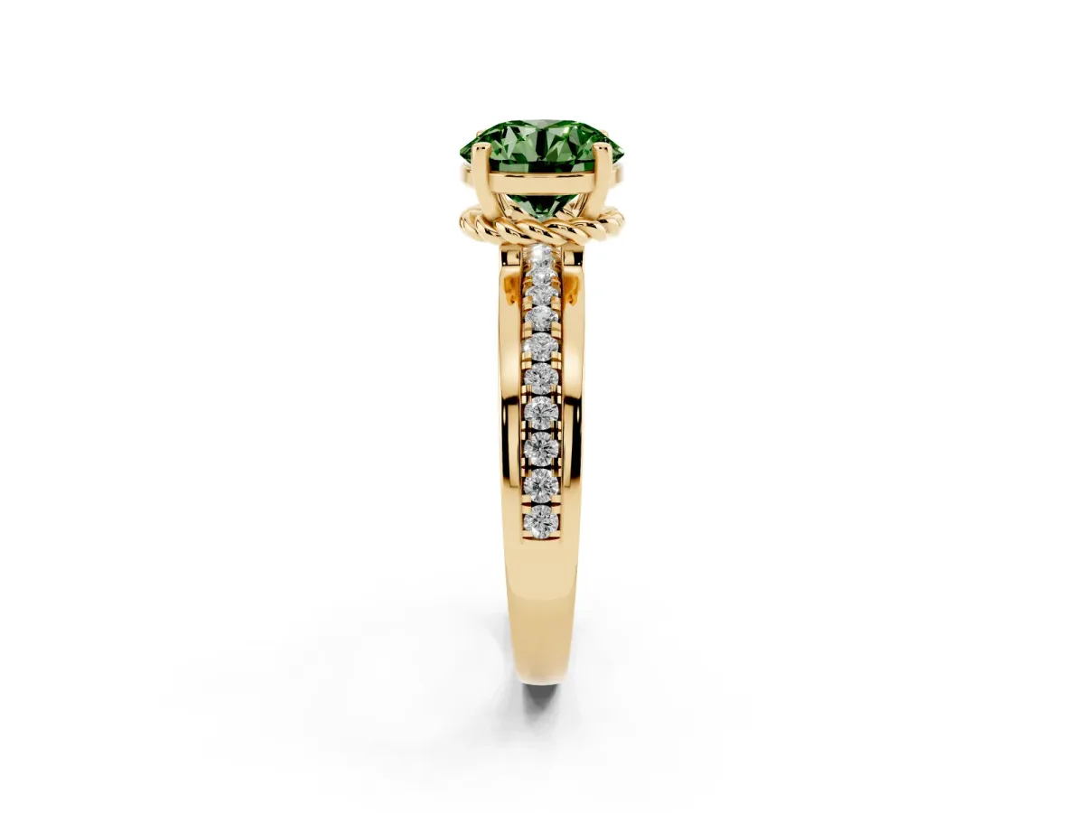 Fancy Green Round Cut Solitaire Diamond Ring with Channel Set Band and Six-Prong Setting Yellow gold