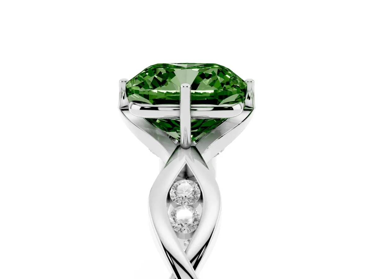 Fancy Green Cushion Cut Solitaire Twist Band with Leaf Prong Setting Silver