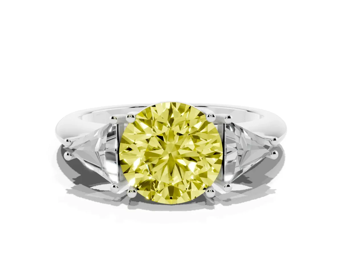 Fancy Yellow Three-Stone Round Cut Diamond Engagement Ring with Trillion Side Stones and Prong Setting Silver