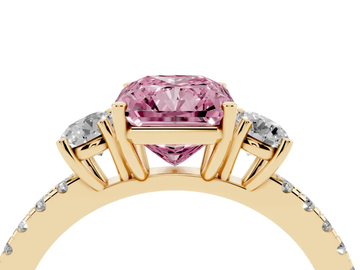 Fancy Pink Three-Stone Radiant Cut Cut Diamond Pavé Band with Prong Setting Yellow gold