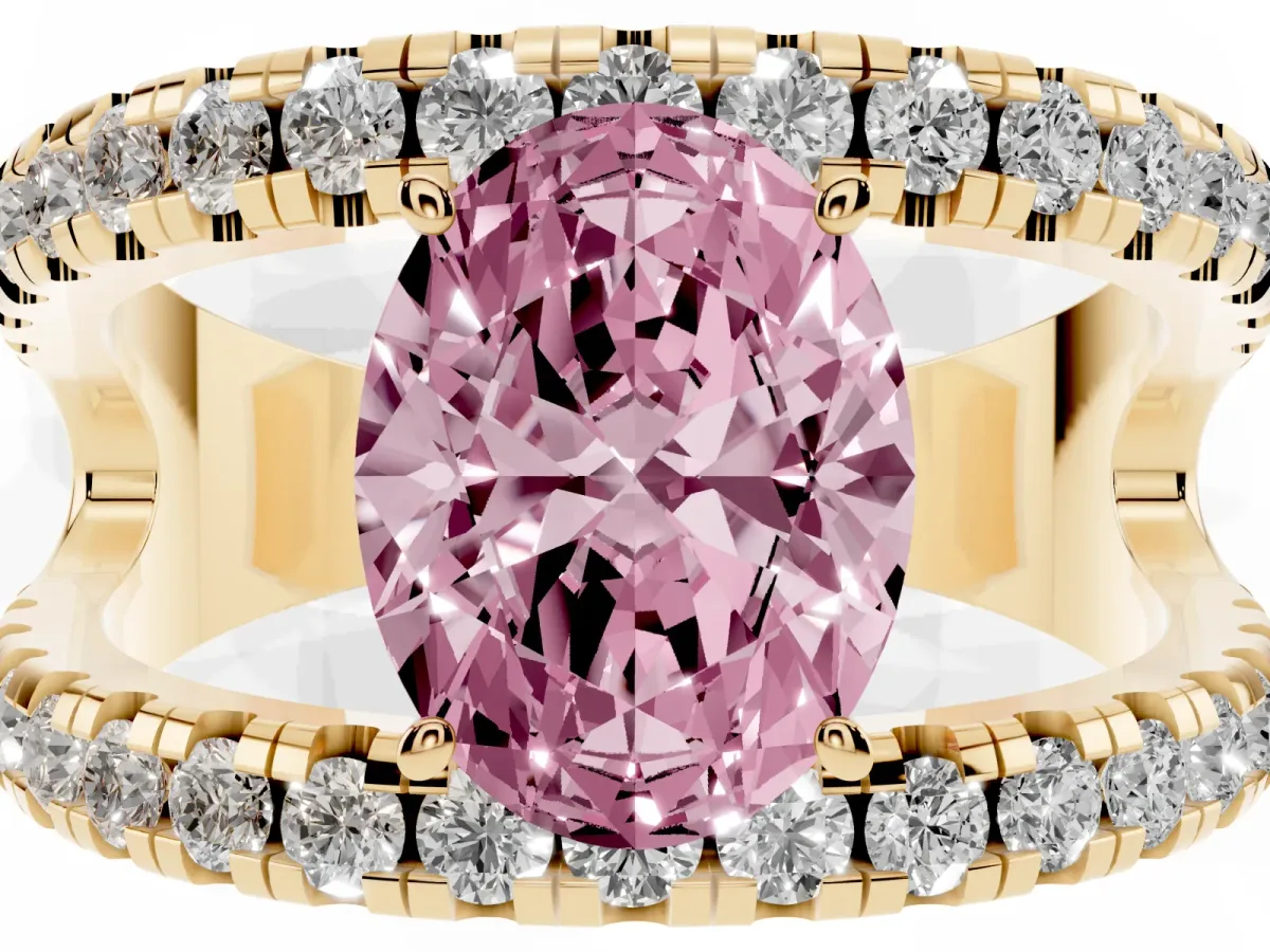 Fancy Pink Oval Cut Solitaire Split Shank Pave Diamond Ring Yellow gold