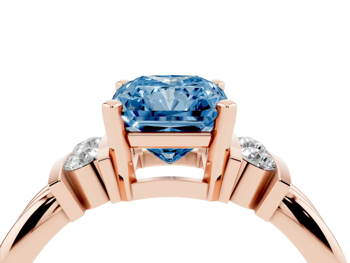 Fancy Blue Radiant Cut Cut Three-Stone Channel Set Ring with Bar Prongs Rose gold