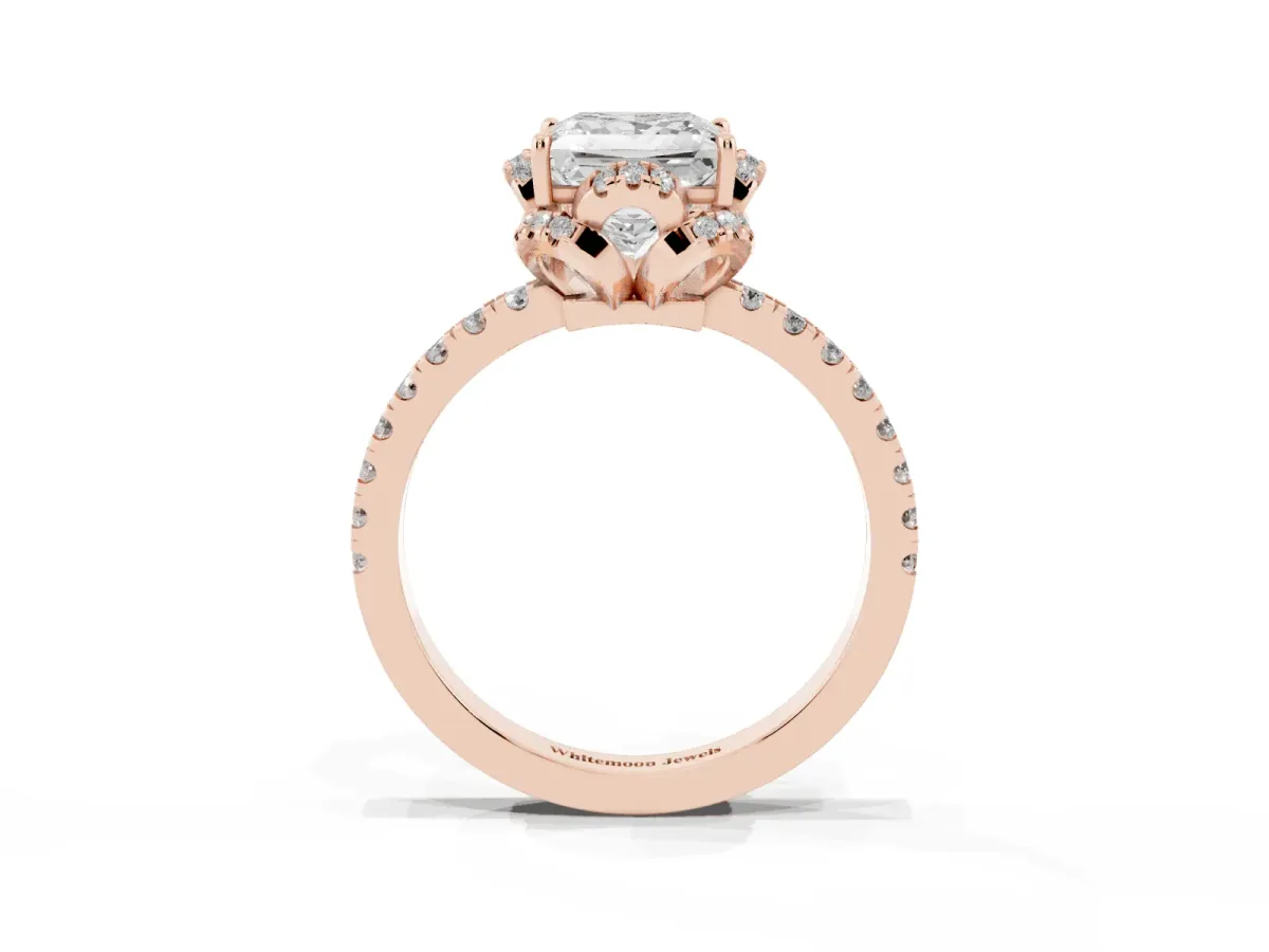 Princess Cut Halo Diamond Pave Band Ring with Four-Prong Setting Rose gold