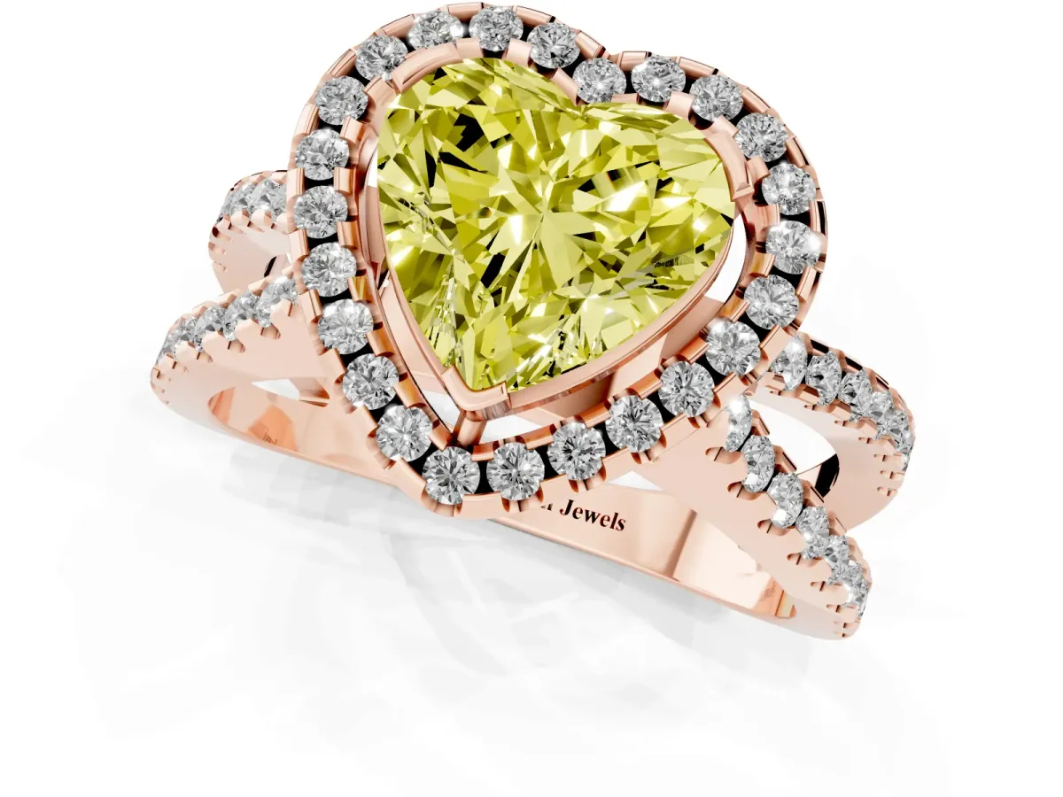 Fancy Yellow Heart Cut Diamond Halo Ring with Split Shank Pavé Band and Prong Setting Rose gold
