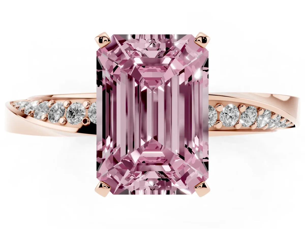 Fancy Pink Emerald Cut Diamond Engagement Ring with Side Stone Accents and Four-Prong Setting Rose gold