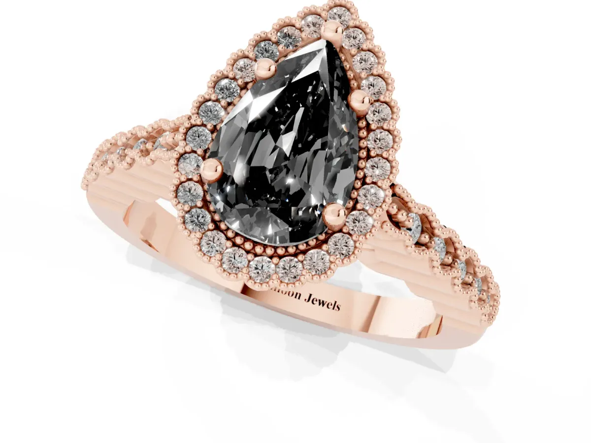 Fancy Black Pear Cut Cut Halo Pavé Solitaire Ring with Milgrain Band Rose gold