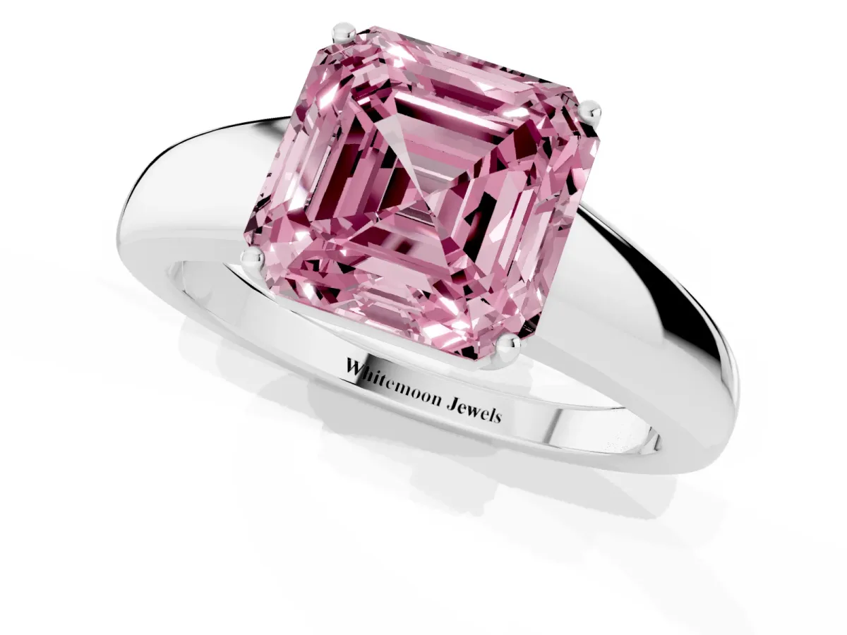 Fancy Pink Asscher Cut Solitaire Diamond Ring with Tapered Band and Four-Prong Setting Silver