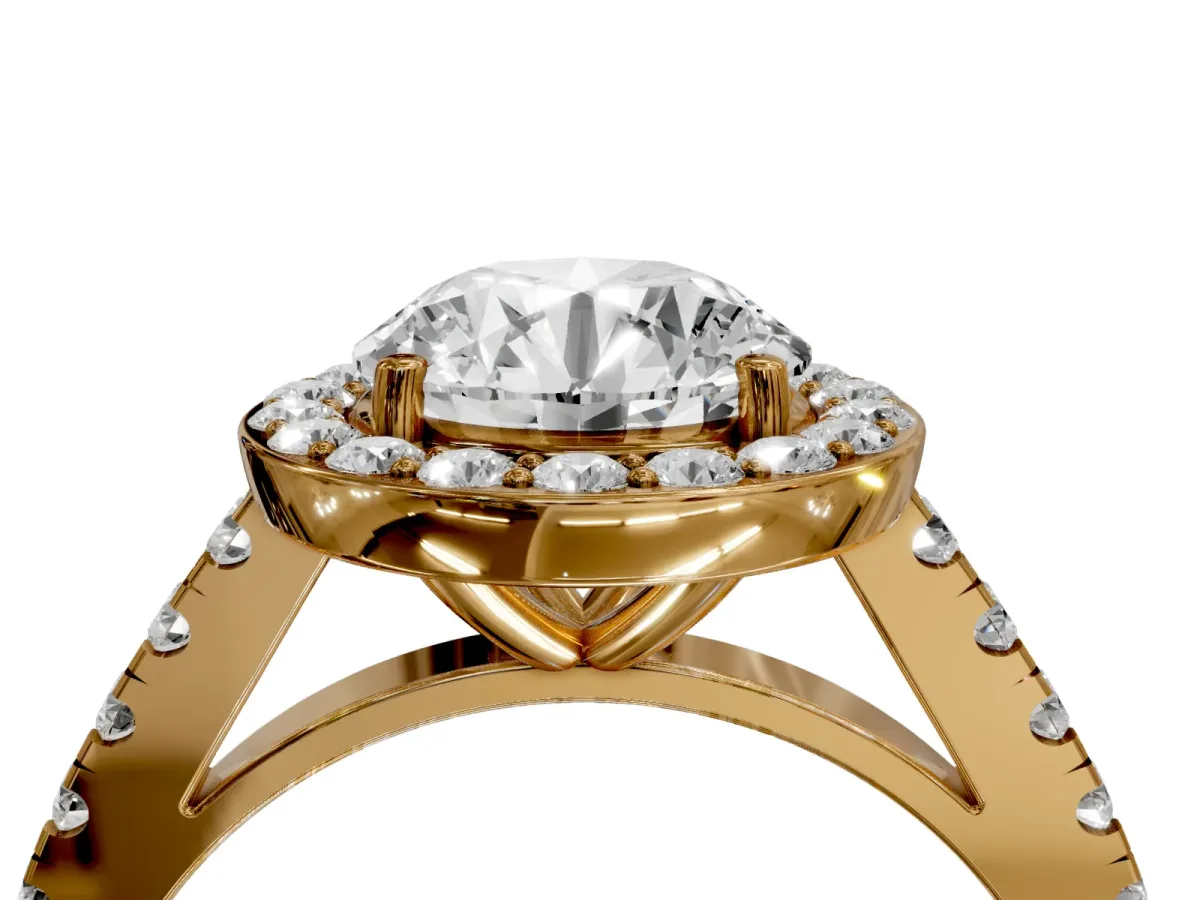 Round Cut Diamond Halo Ring with Round Pavé Split Shank and Prong Setting Yellow gold