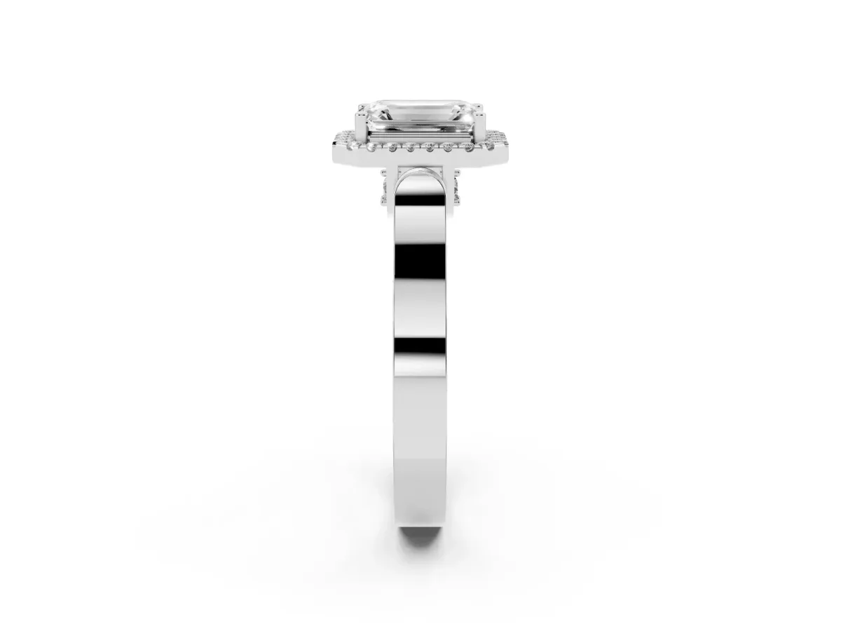 Emerald Cut Halo Round Diamond Twist Band with Four-Prong Setting Silver