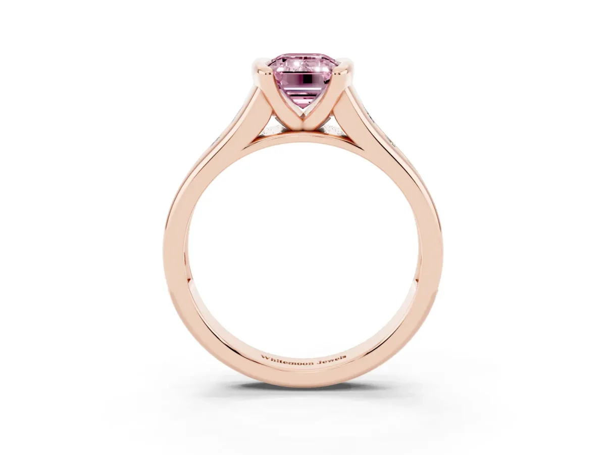 Fancy Pink Emerald Cut Solitaire Bezel-Set Diamond Ring with Channel-Set Band Rose gold