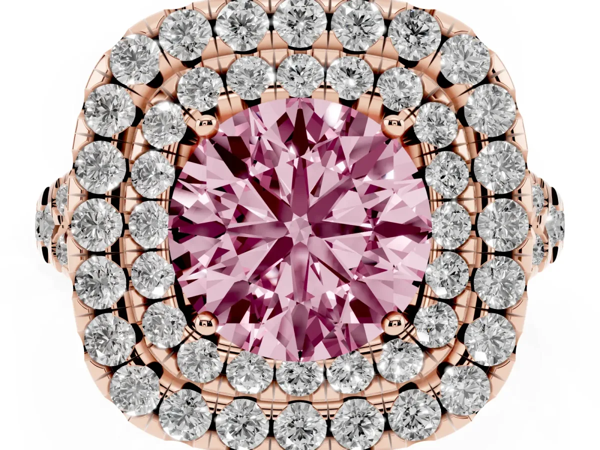 Fancy Pink Double Halo Round Cut Diamond Pavé Split Shank Ring with Prong Setting Rose gold