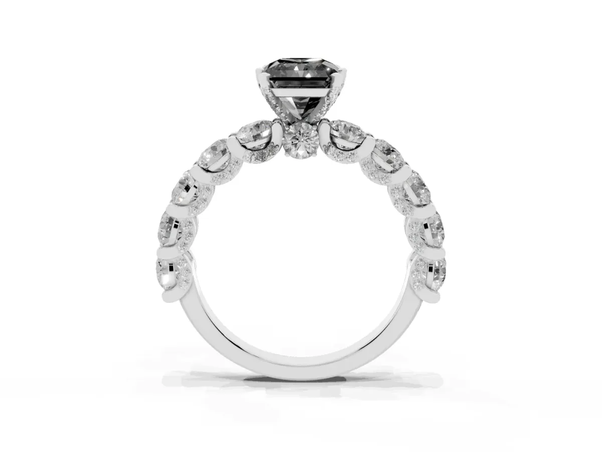 Fancy Black Radiant Cut Diamond Side Stone Engagement Ring with Four-Prong Setting Silver