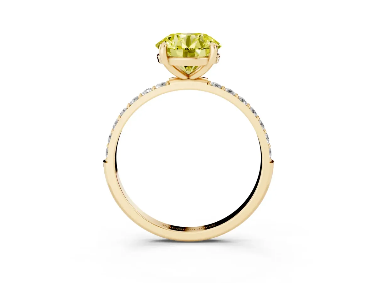 Fancy Yellow Round Cut Diamond Solitaire Ring with Round Pavé Band and Prong Setting Yellow gold