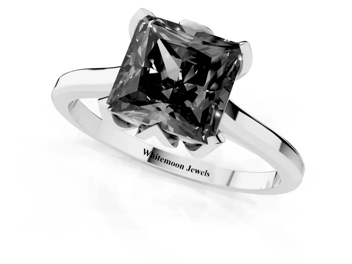 Fancy Black Princess Cut Diamond Solitaire Ring with Flower Prong Setting and Classic Band Silver