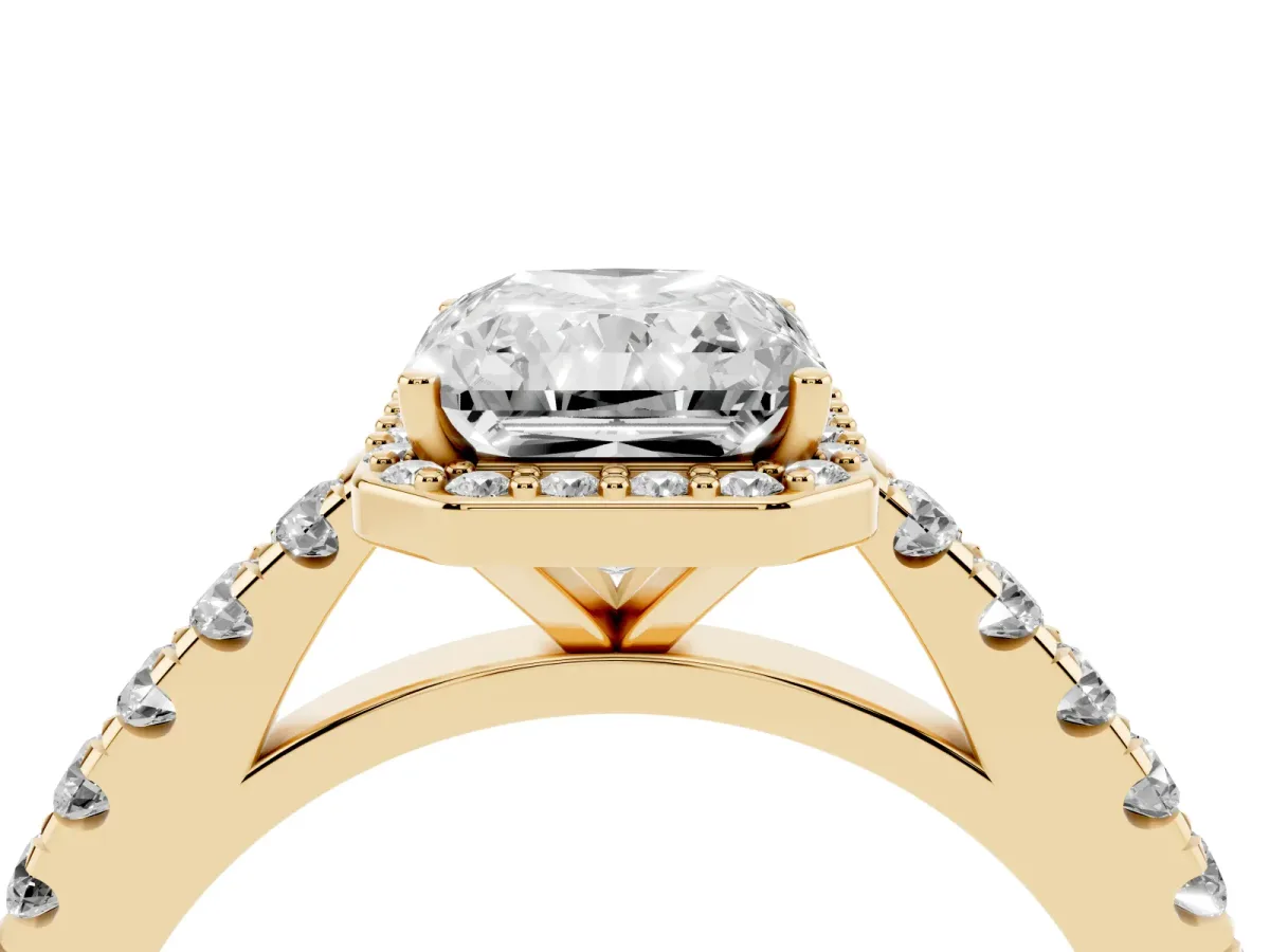 Radiant Cut Cut Halo Diamond Engagement Ring with Pave Band and Four-Prong Setting Yellow gold