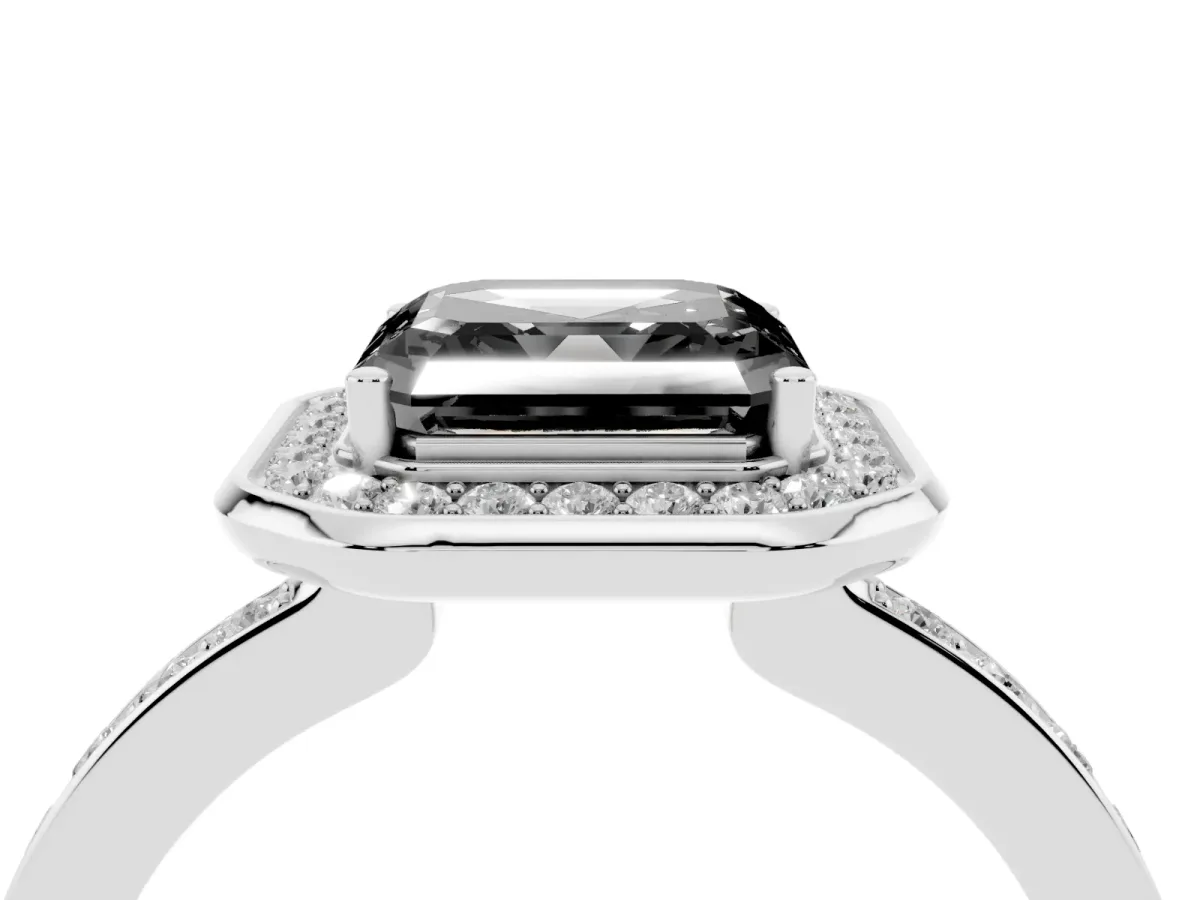 Fancy Black Asscher Cut Diamond Halo Ring with Bezel Frame and Pavé Band Silver