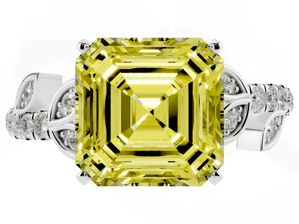 Fancy Yellow Asscher Cut Solitaire Leaf-Inspired Diamond Ring with Pavé Band and Four-Prong Setting Silver