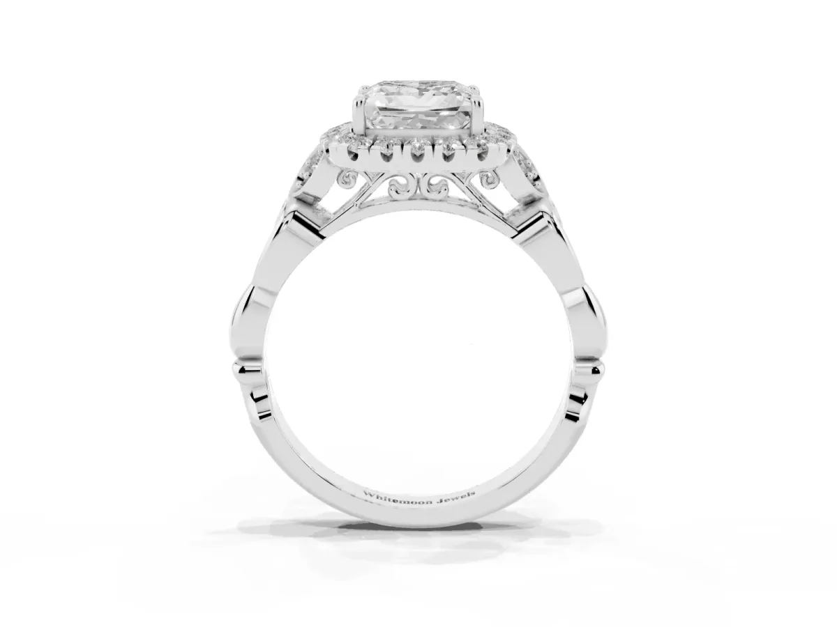 Princess Cut Halo Diamond Engagement Ring with Vintage-Inspired Band and Four-Prong Setting Silver