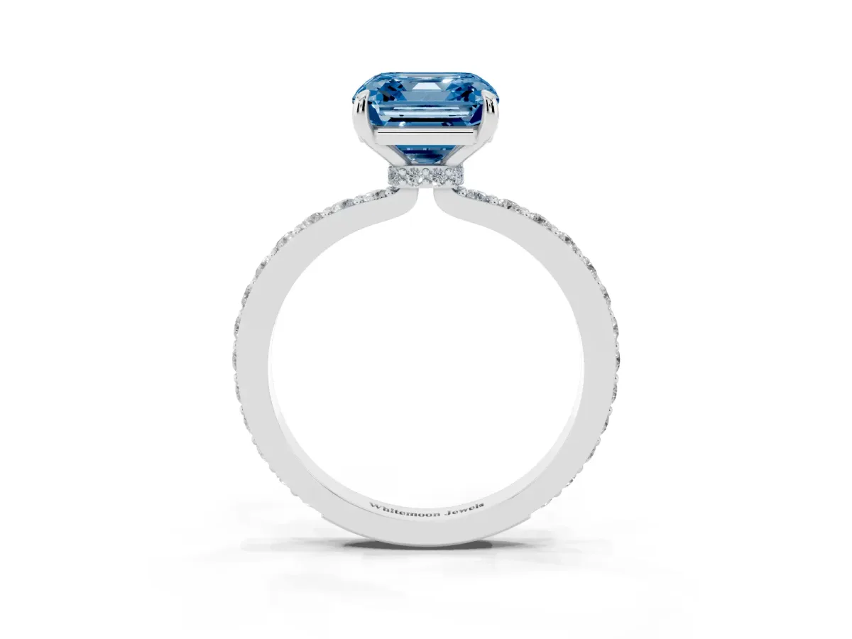 Fancy Blue Asscher Cut Diamond Pavé Engagement Ring with Round Accents and Prong Setting Silver