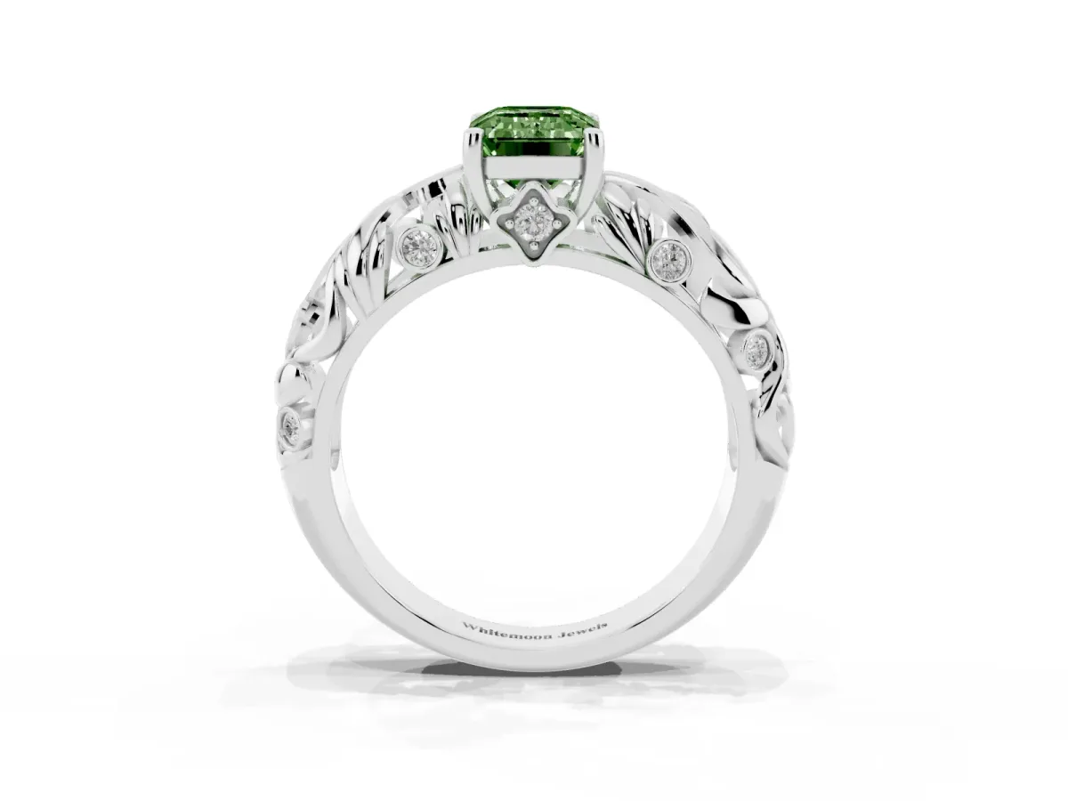 Fancy Green Emerald Cut Solitaire Diamond Leaf-Inspired Vine Band Ring with Prong Setting White gold