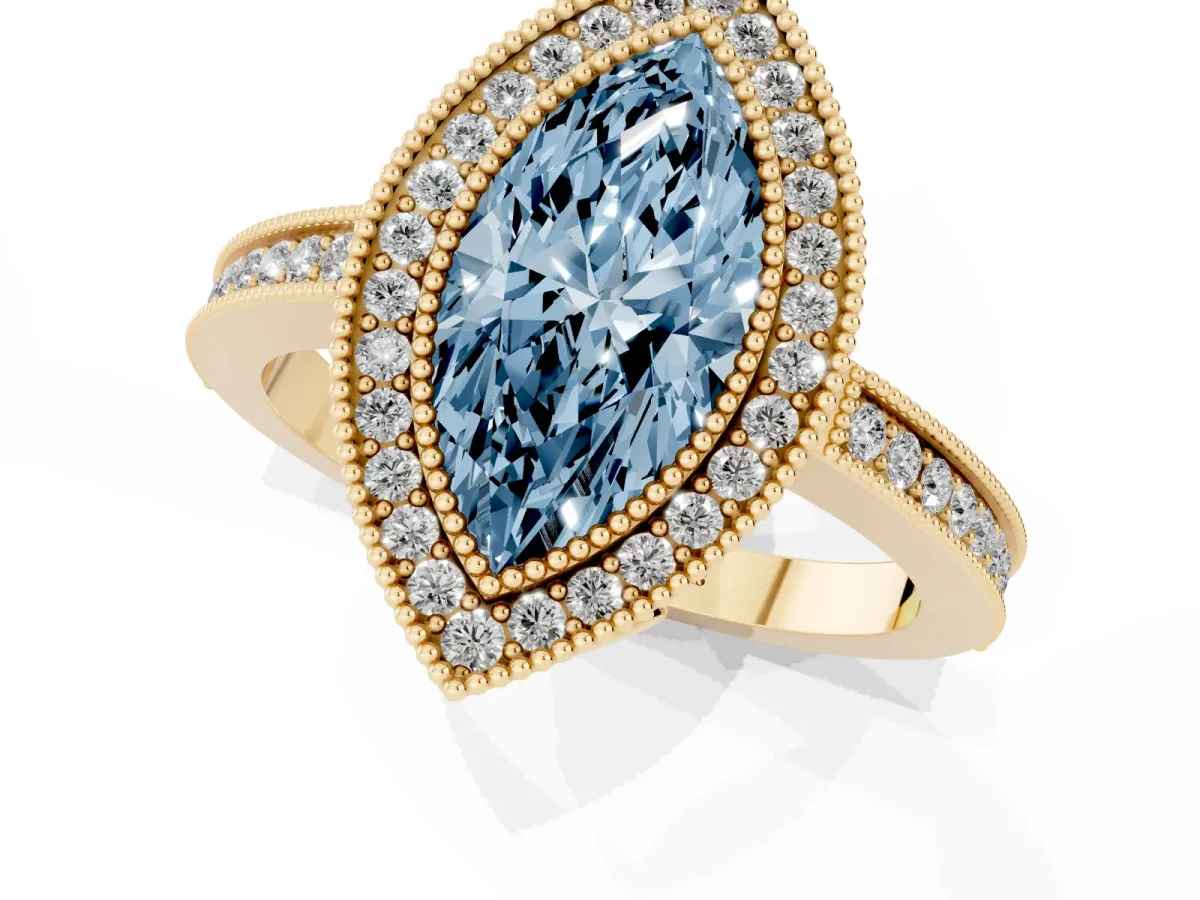 Fancy Blue Marquise Cut Cut Halo Diamond Ring with Pavé Band and Milgrain Prong Setting Yellow gold