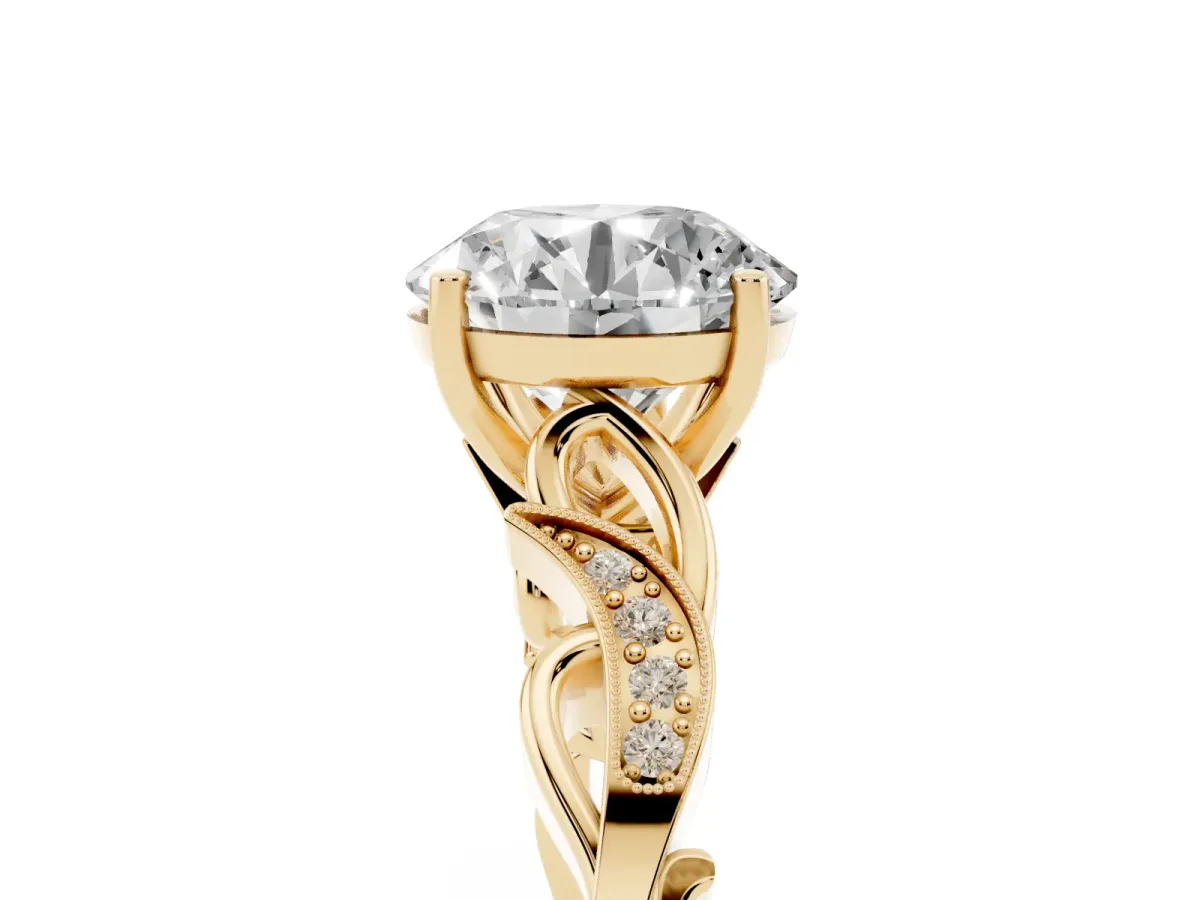 Round Cut Solitaire Vine Band with Milgrain Prong Setting Yellow gold