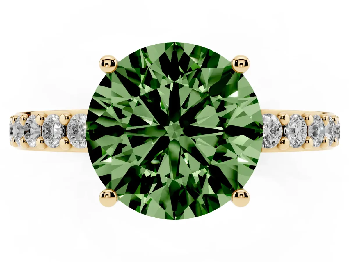 Fancy Green Round Cut Cut Diamond Solitaire with Pave Band and Four-Prong Setting Yellow gold
