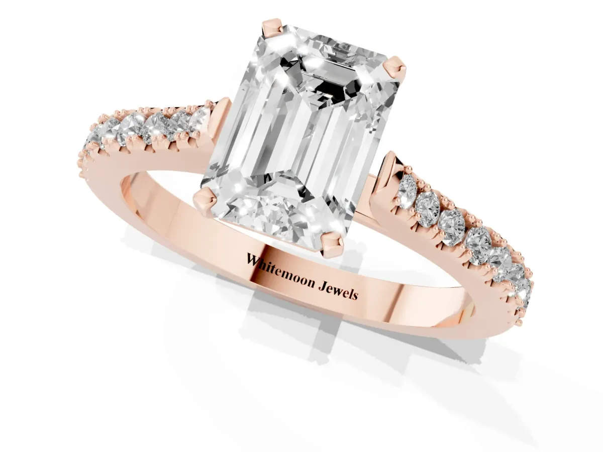 Emerald Cut Cut Solitaire Diamond Engagement Ring with Pave Band and Four-Prong Setting Rose gold