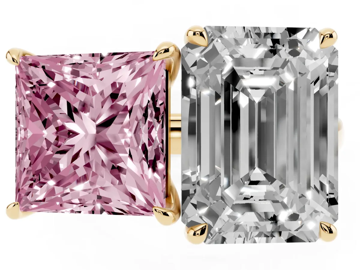 Fancy Pink Princess Cut and Emerald Cut Toi Moi Ring with Prong Setting Yellow gold