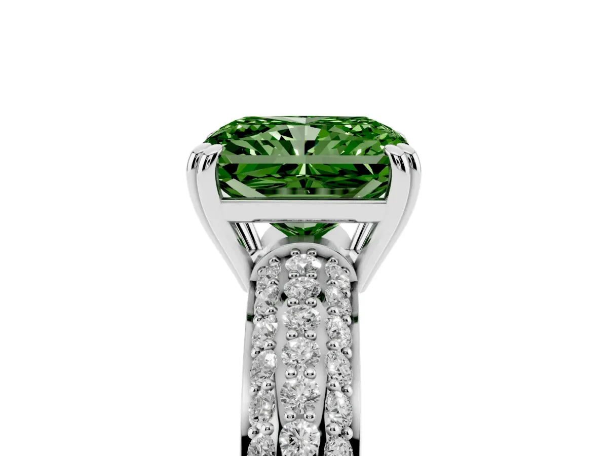 Fancy Green Radiant Cut Diamond Solitaire Ring with Multi-Row Round Pavé Band and Prong Setting White gold