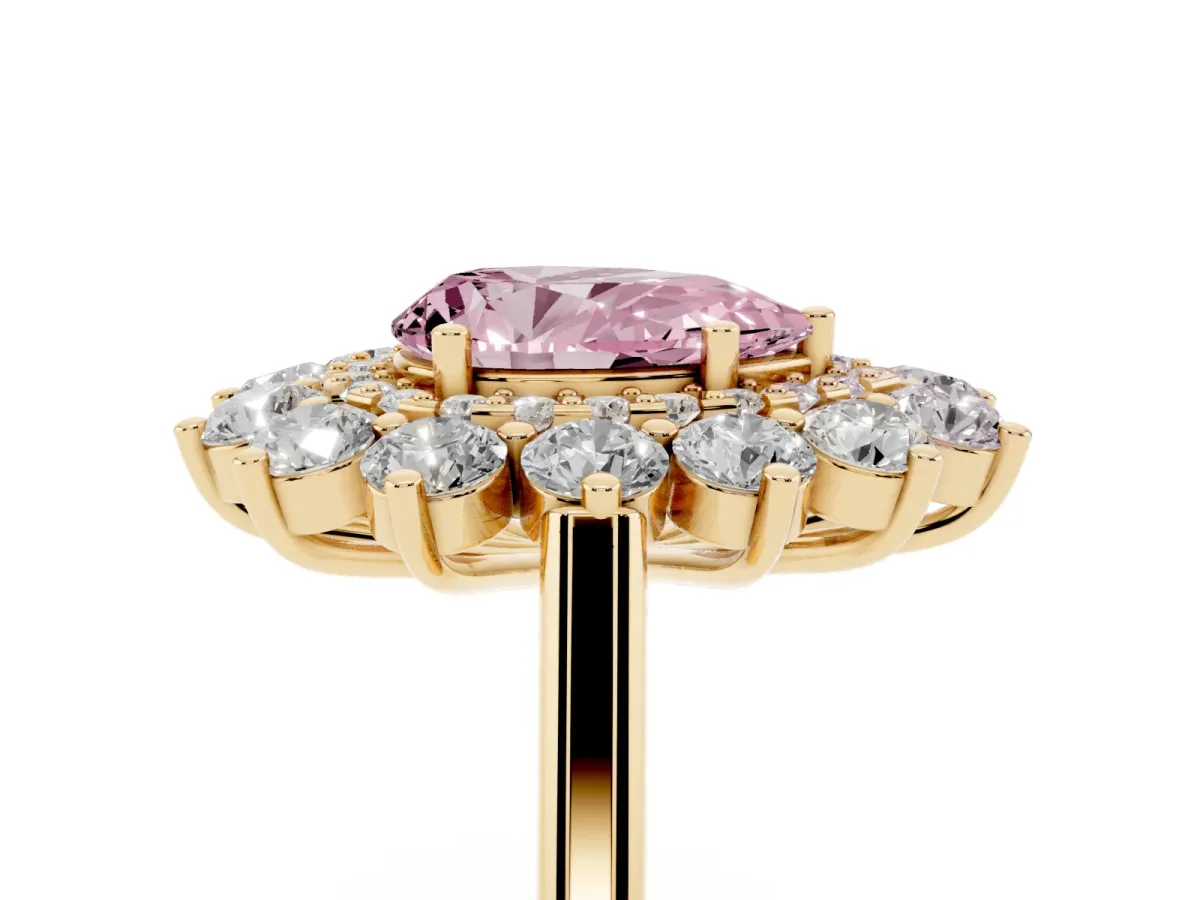 Fancy Pink Pear Cut Diamond Floral Double Halo Engagement Ring with Prong Setting Yellow gold