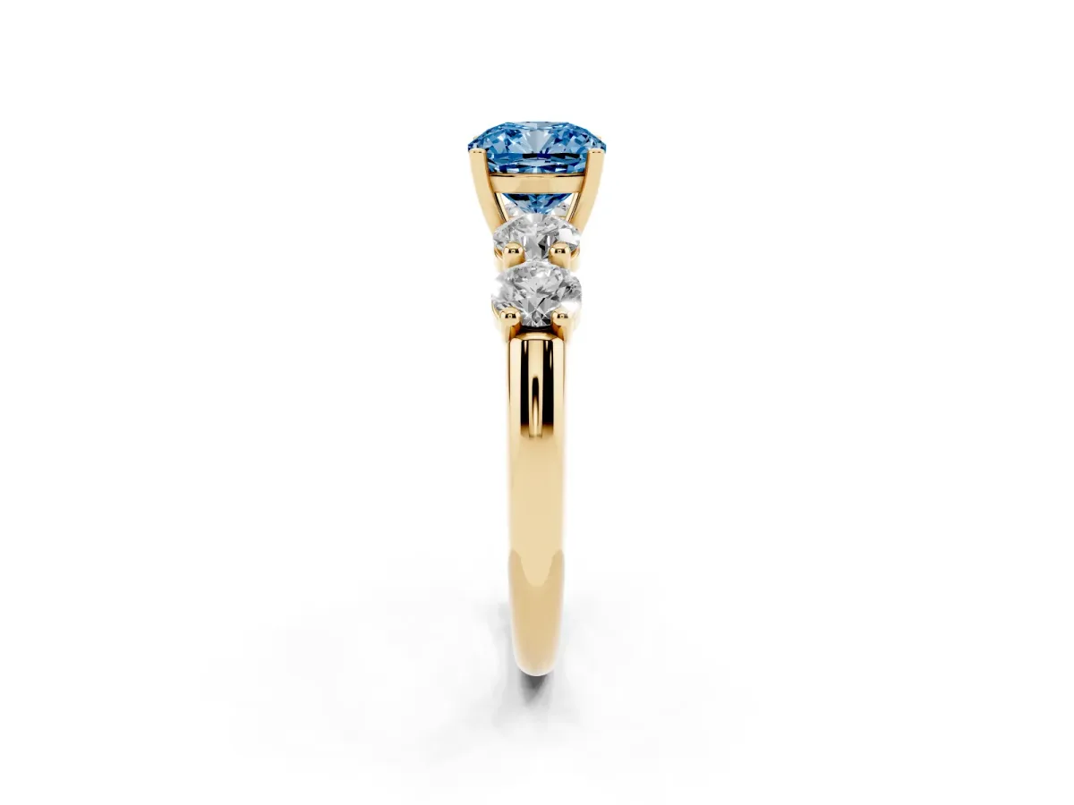 Fancy Blue Cushion Cut Cut Five-Stone Prong Set Diamond Ring with Classic Band Yellow gold