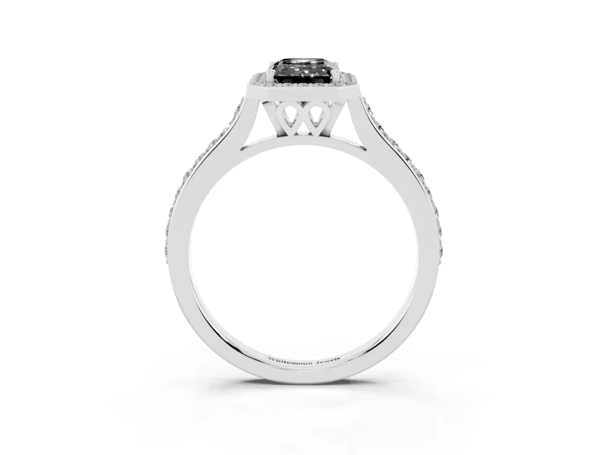Fancy Black Emerald Cut Diamond Halo Engagement Ring with Round Pavé Shoulders and Prong Setting White gold