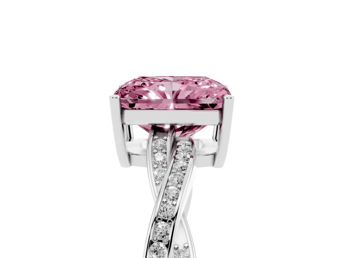 Fancy Pink Radiant Cut Solitaire Twisted Pave Diamond Ring with Four-Prong Setting Silver