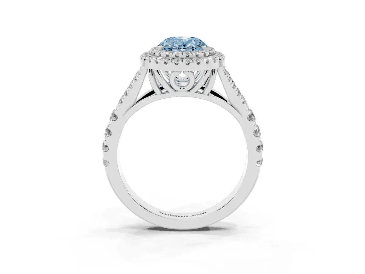 Fancy Blue Oval Cut Diamond Pavé Split Shank Double Halo Engagement Ring Silver