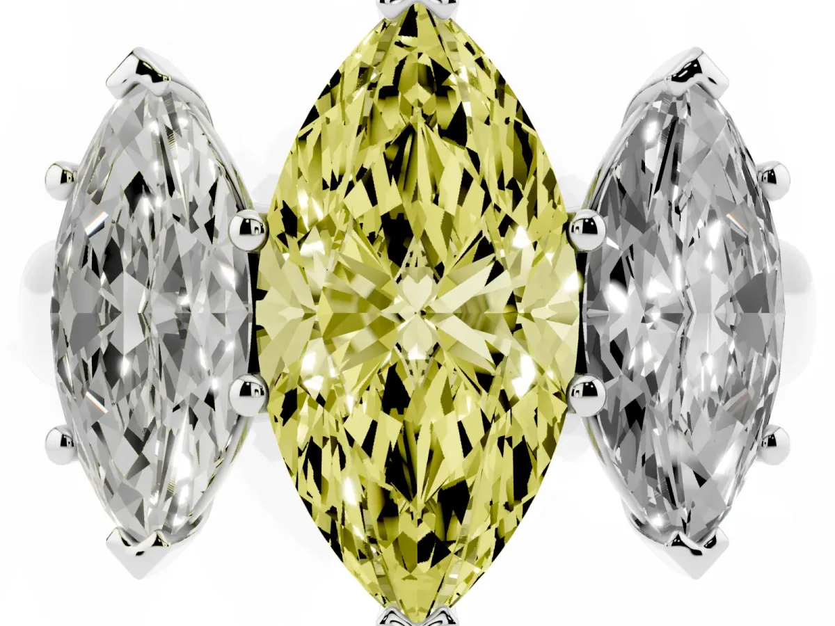 Fancy Yellow Marquise Cut Three-Stone Diamond Ring with Prong Setting on a Classic Band Silver