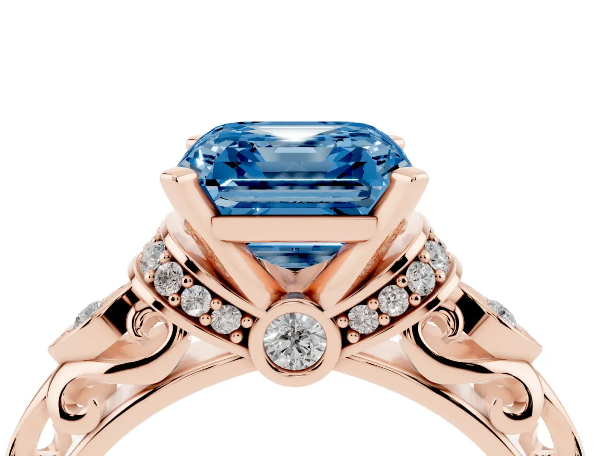 Fancy Blue Asscher Cut Diamond Solitaire Ring with Filigree Band and Four-Prong Setting Rose gold