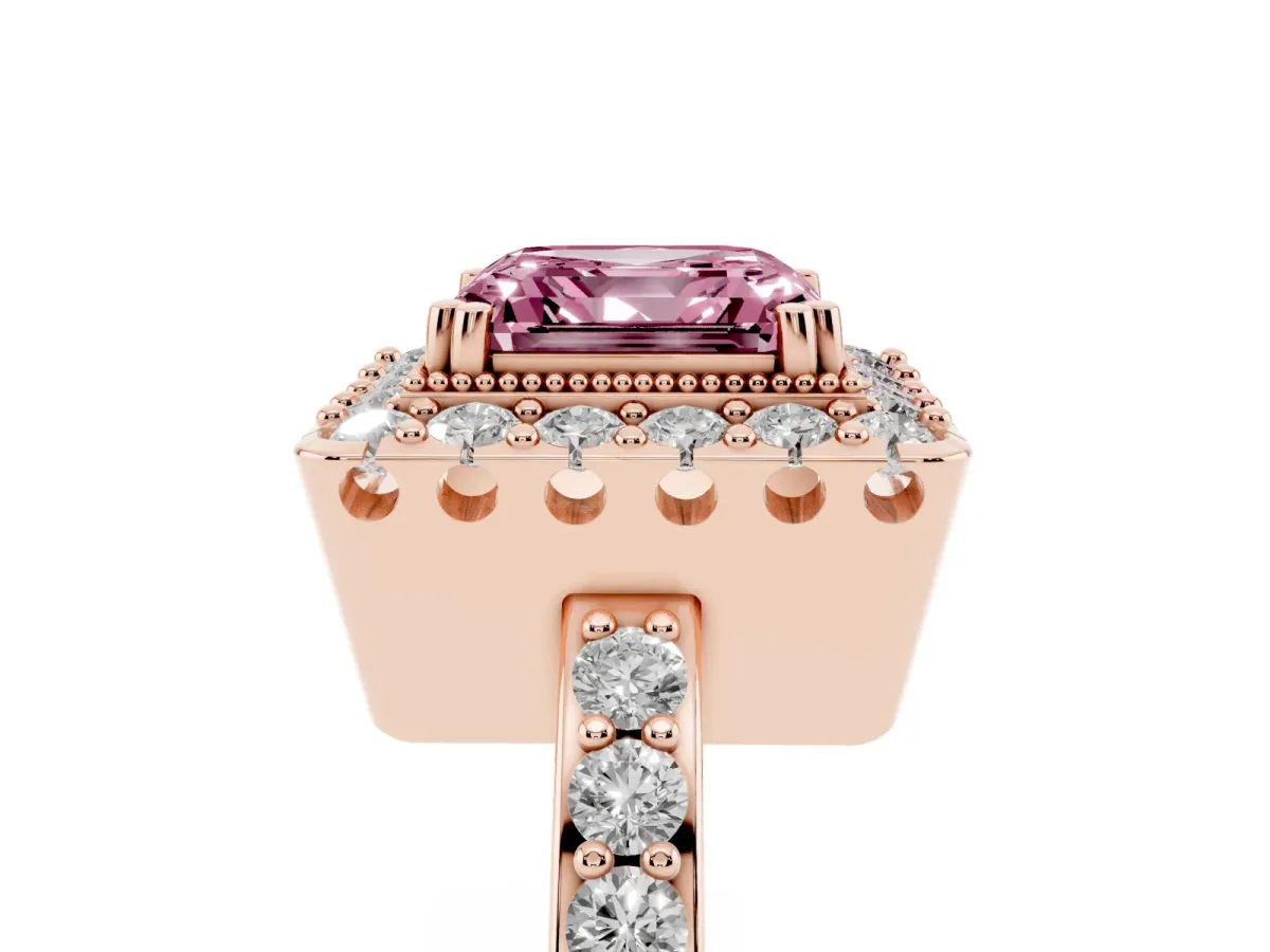 Fancy Pink Asscher Cut Diamond Halo Ring with Pavé Band and Prong Setting Rose gold