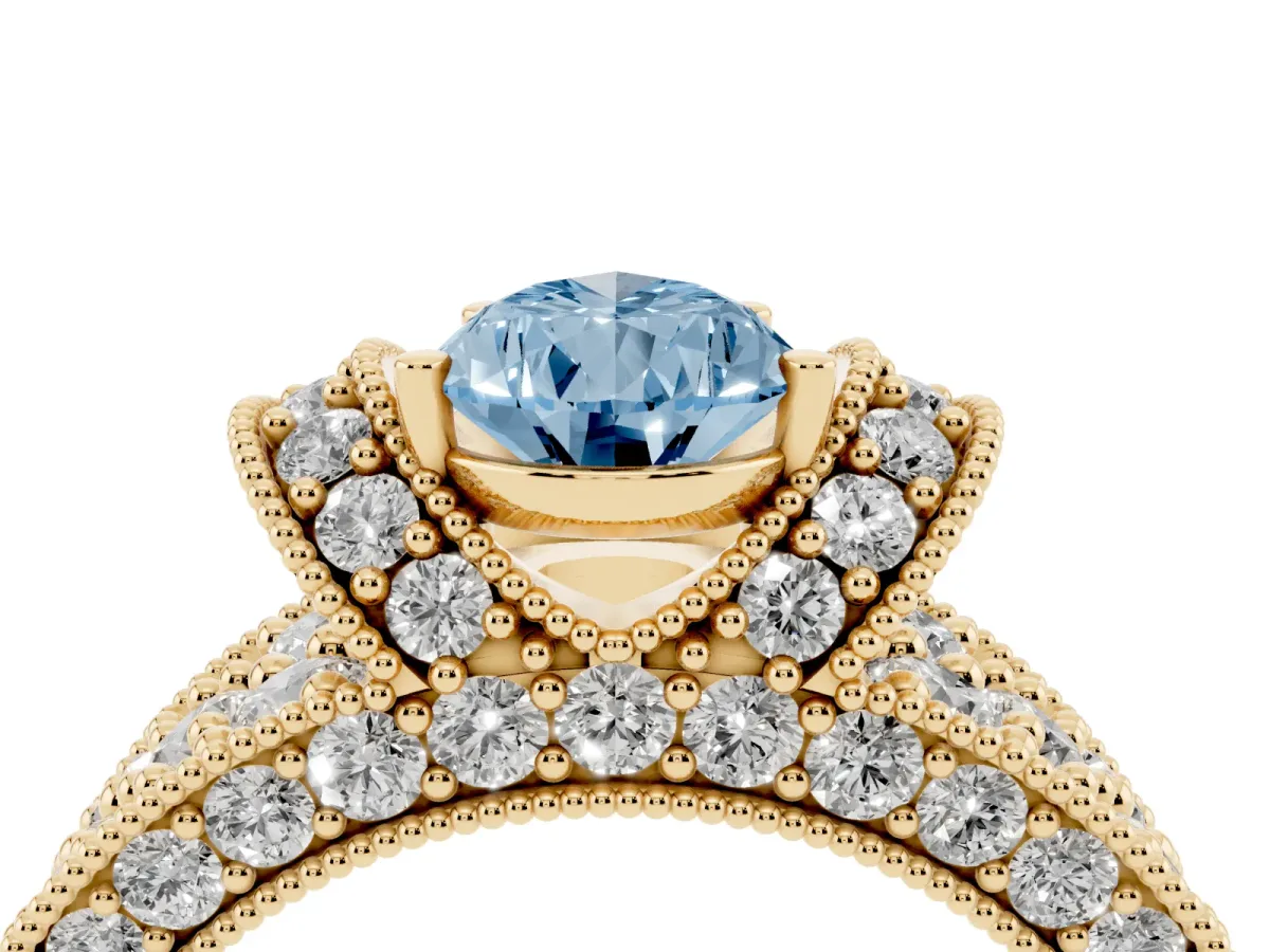 Fancy Blue Pear Cut Halo Pave Diamond Engagement Ring with Milgrain Detailing Yellow gold