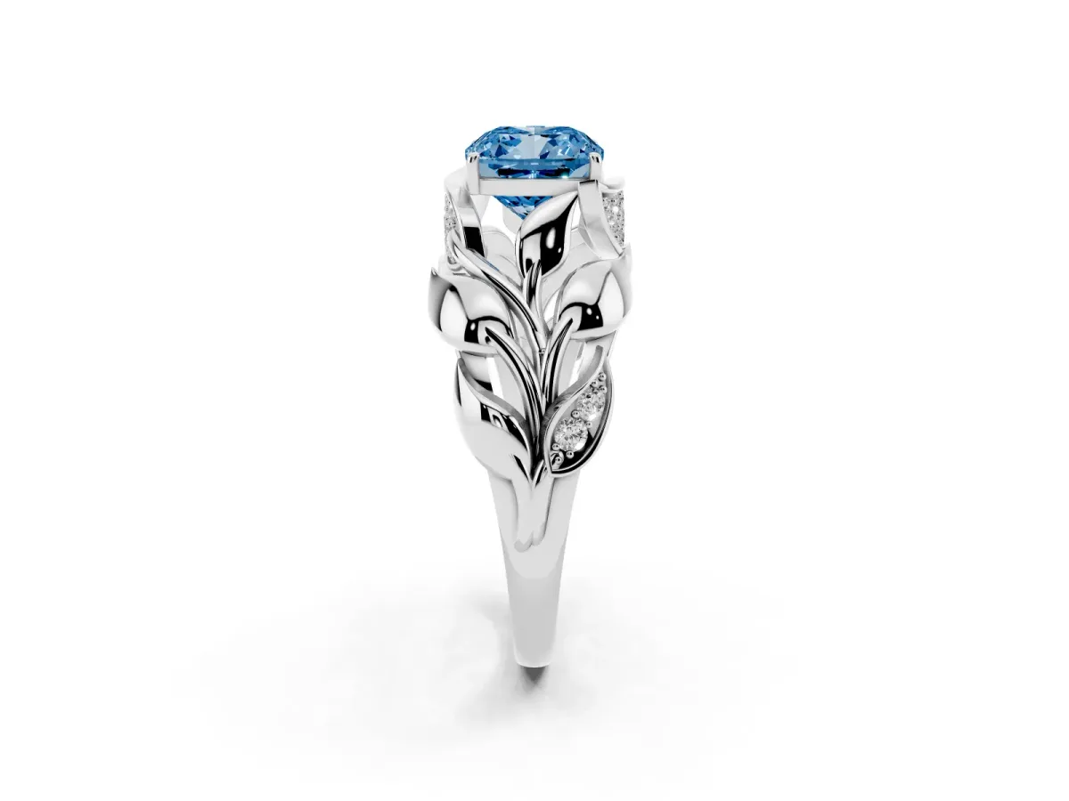 Fancy Blue Cushion Cut Diamond Leaf-Inspired Engagement Ring with Round Accents and Prong Setting Silver
