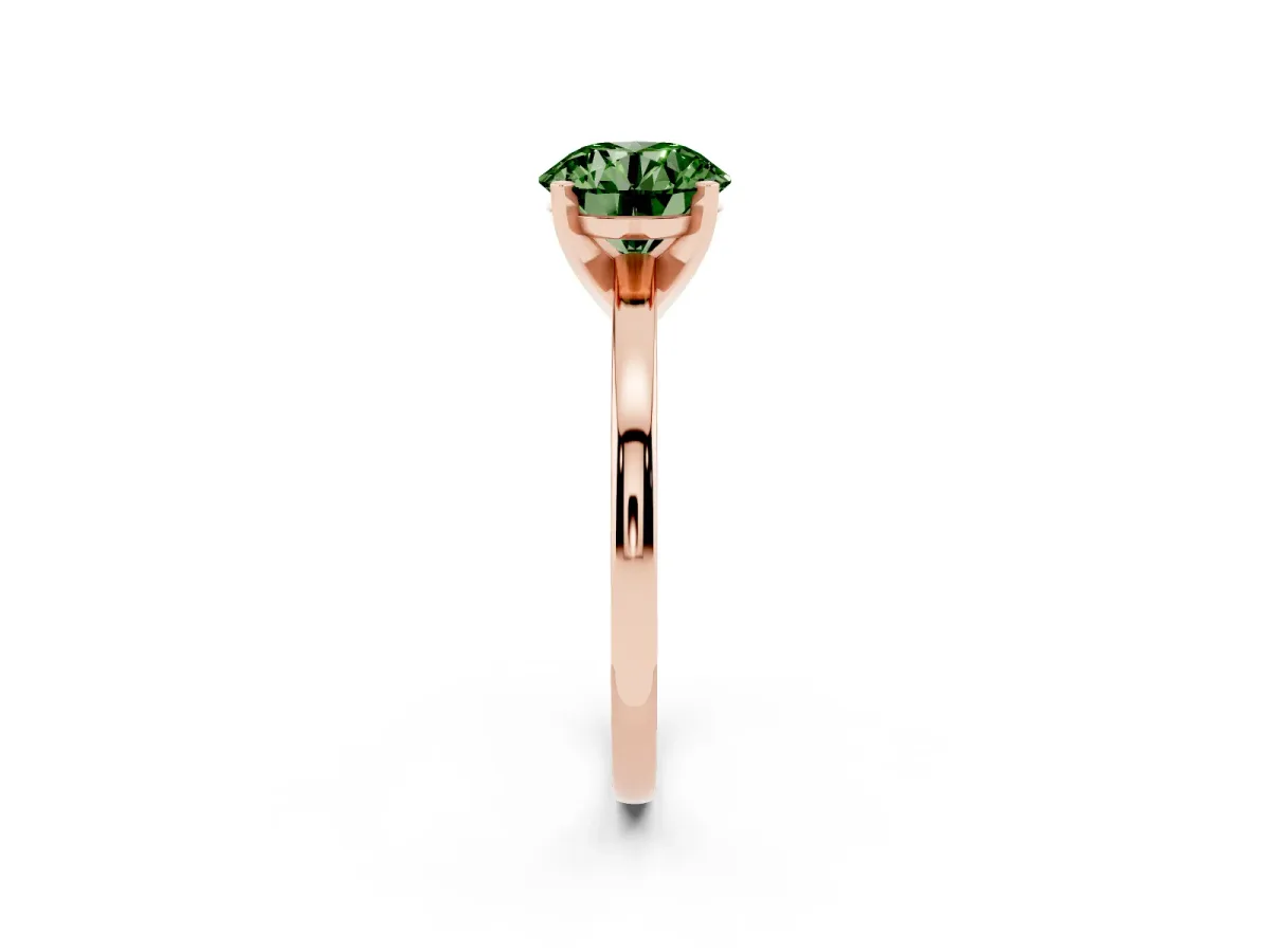 Fancy Green Round Cut Solitaire Diamond Engagement Ring with Four-Prong Setting on a Classic Band Rose gold