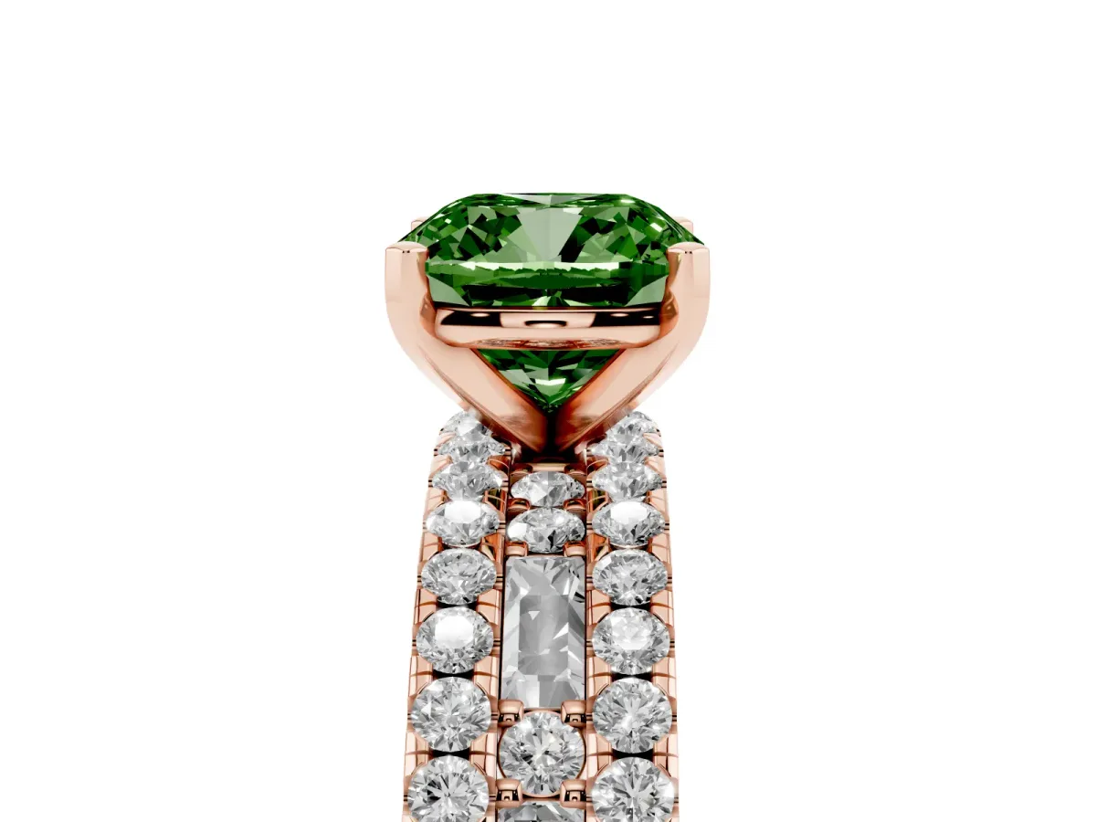 Fancy Green Cushion Cut Diamond Solitaire Ring with Pavé and Channel Set Band Rose gold