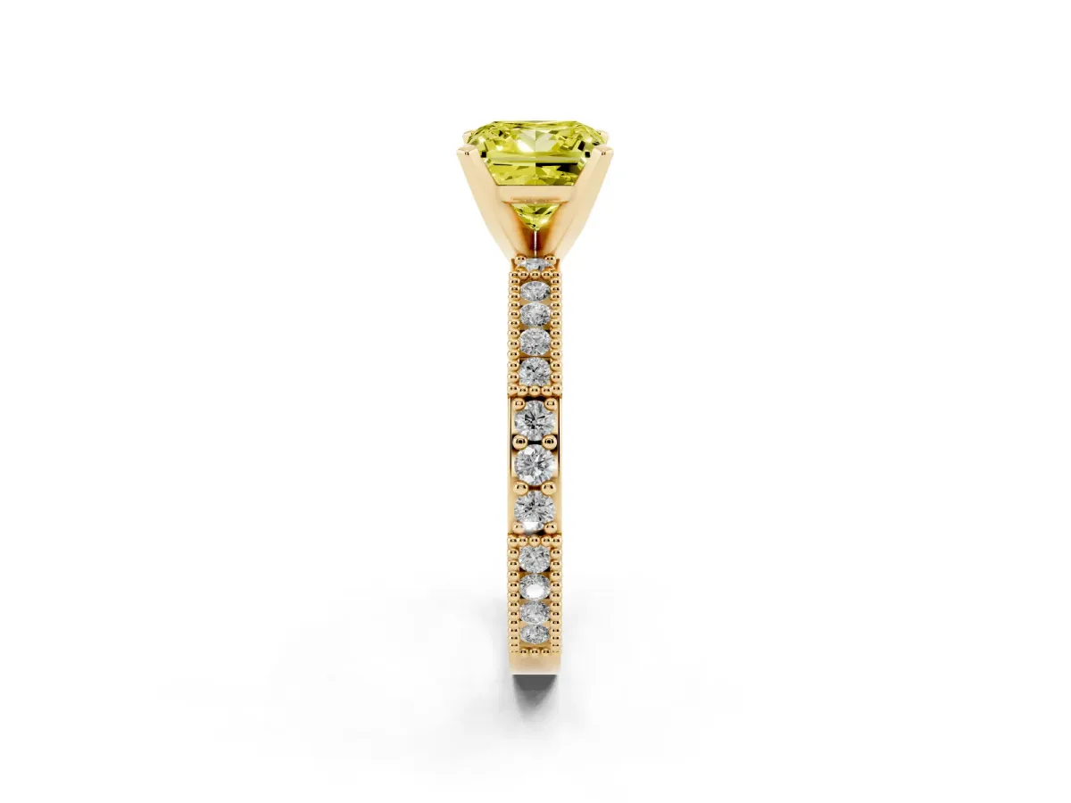 Fancy Yellow Princess Cut Solitaire with Pavé Band and Four-Prong Setting Yellow gold