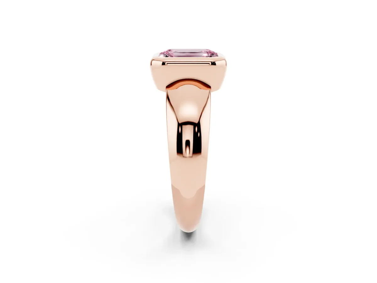 Fancy Pink Bezel Set Emerald Cut Solitaire Ring with Wide Band Rose gold