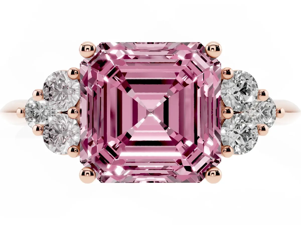 Fancy Pink Asscher Cut Cut Diamond Cluster Ring with Solitaire Band and Four-Prong Setting Rose gold