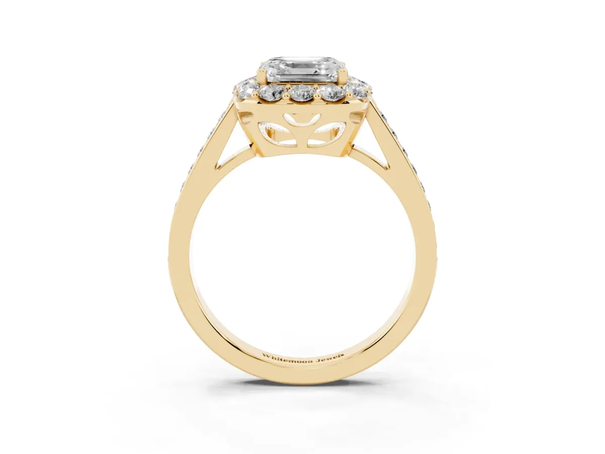 Asscher Cut Diamond Floral Halo Ring with Pavé Band and Prong Setting Yellow gold