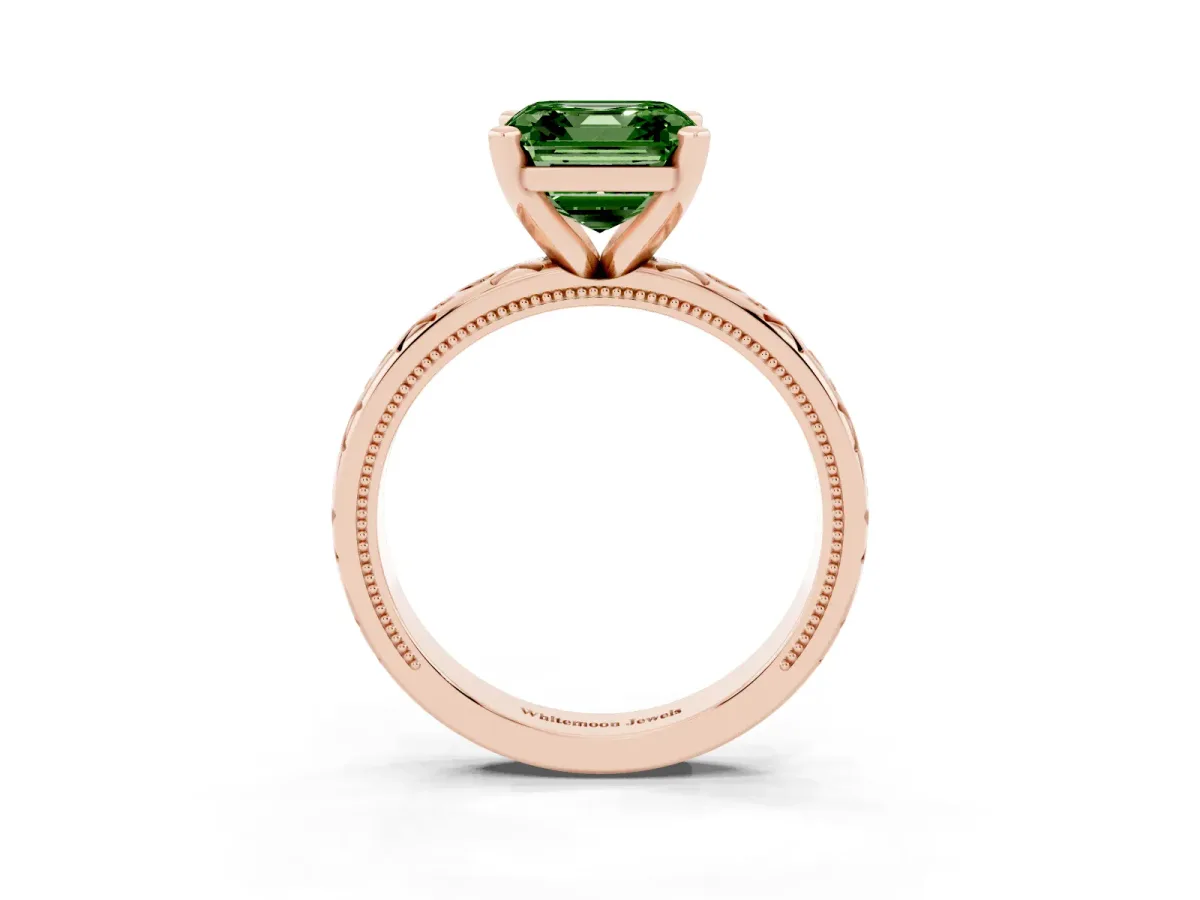 Fancy Green Asscher Cut Solitaire Engagement Ring with Scrollwork Band and Four-Prong Setting Rose gold