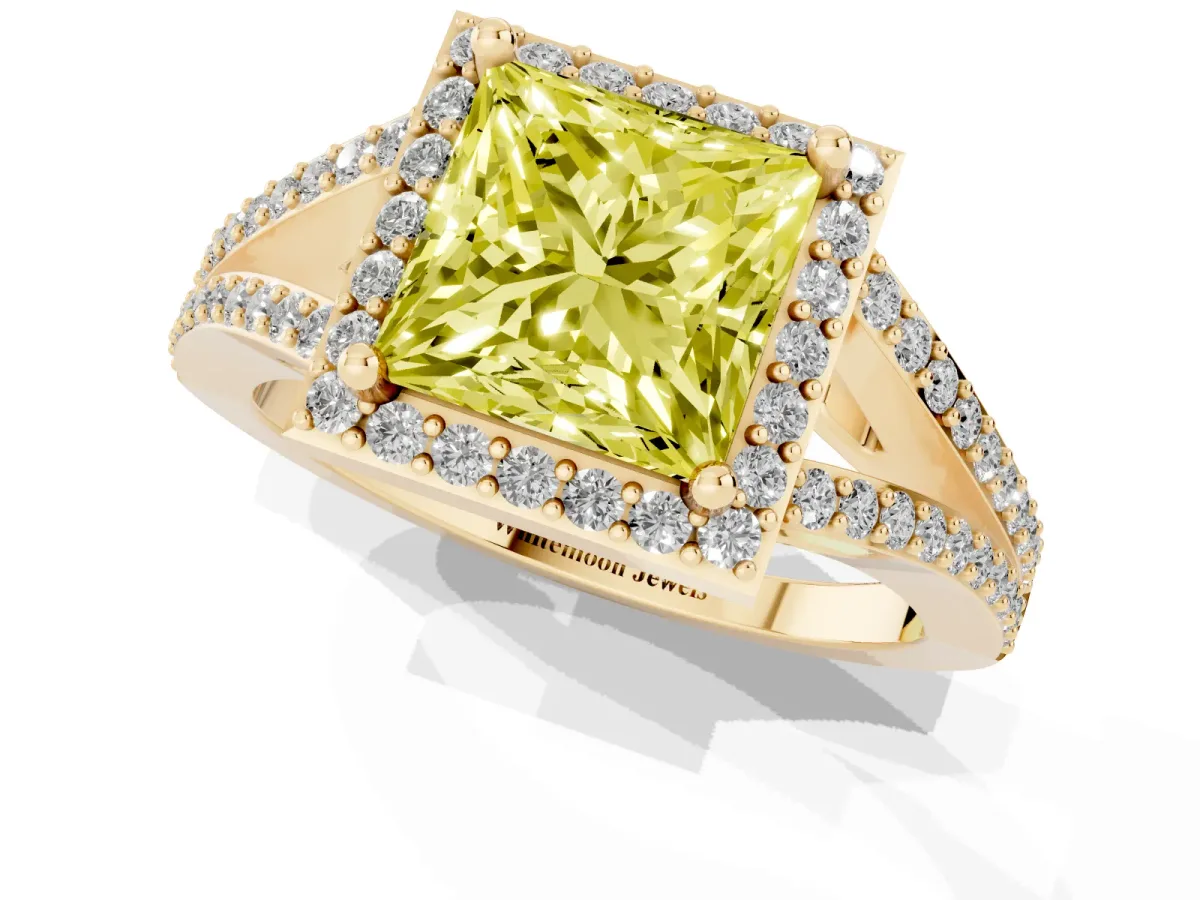 Fancy Yellow Princess Cut Halo Split Shank Pave Diamond Ring with Four-Prong Setting Yellow gold